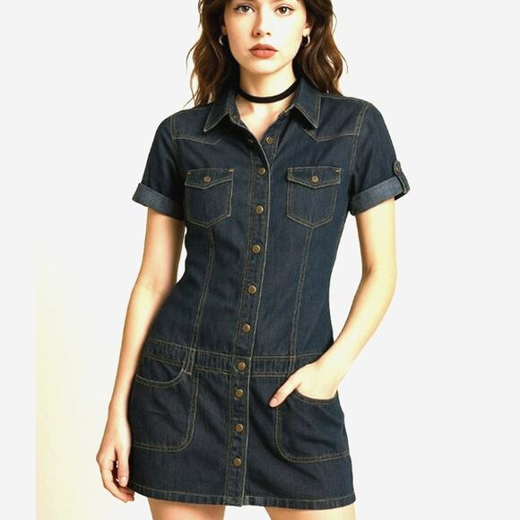 Vintage Dresses & Skirts - Vintage Y2K Denim Mini Dress Drop Waist Snap Front Short Sleeve Drama Gold